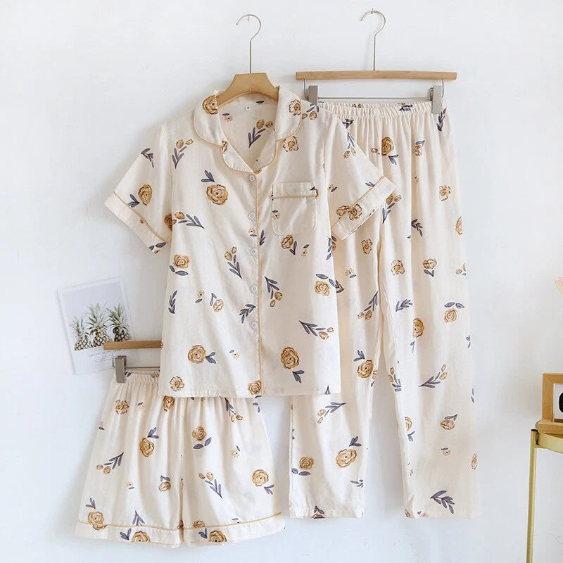 3PCS Women Pajamas Set 100% Gauze Cotton Printed Pyjamas Short Sleeve Sleepwear