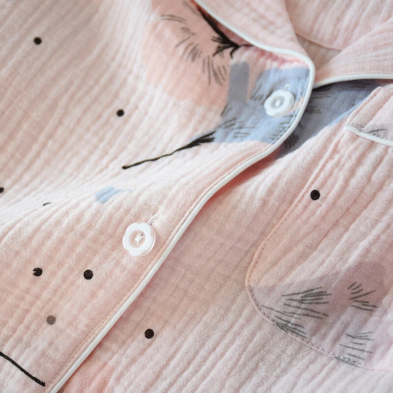 Japanese Women 100% Gauze Cotton Pajamas Set Long Sleeve Sleepwear Nightwear New