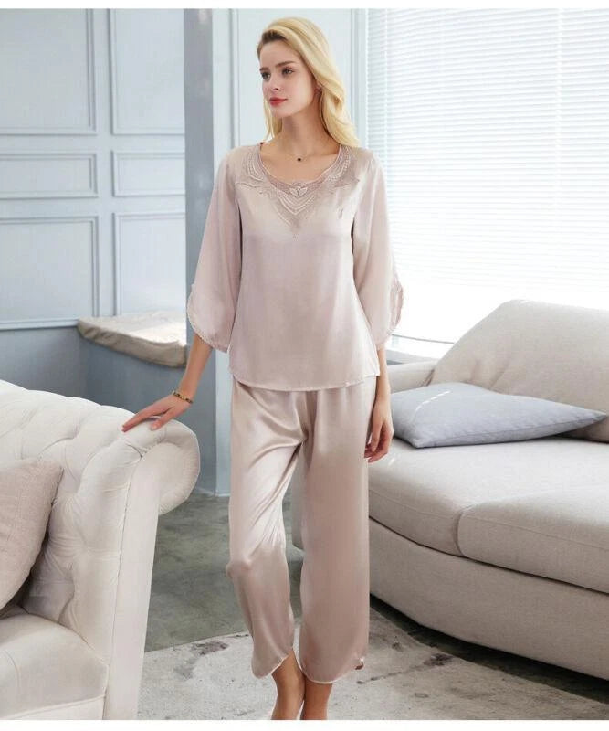 New Women Silk Pajamas Set,2 pieces,100% Mulberry Silk Sleepwear Nightwear U7135