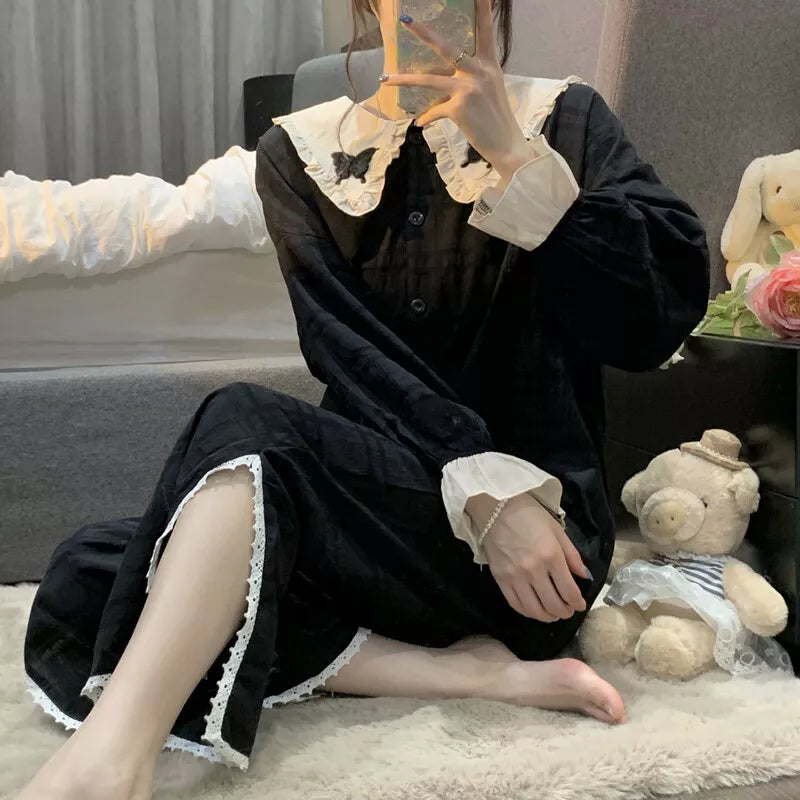 Korean women sweet pajamas long-sleeved trousers home service two-piece suit