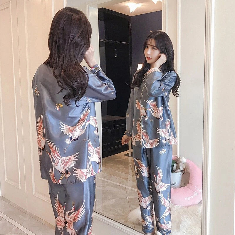 Women's Long Sleeve Silk Pajama Set Button-Down Sleepwear Print Loungewear Plus
