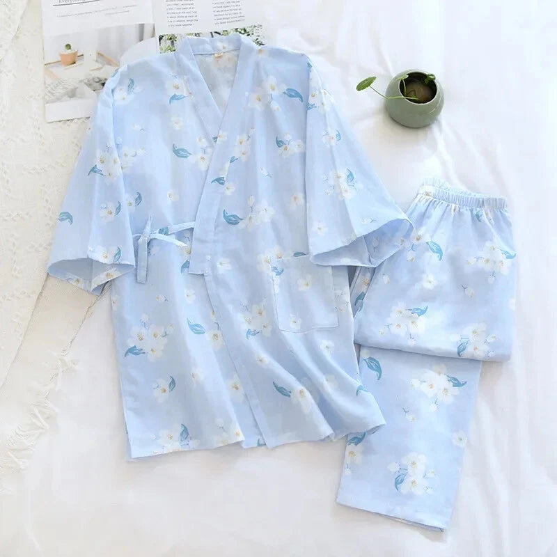 Pajamas Set Female Spring and Autumn 100% Cotton Gauze Home Clothes Sweet Two-p