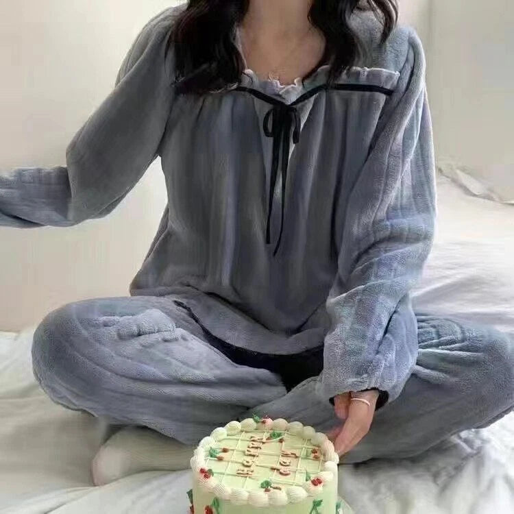 2022 women's autumn and winter pajamas set thick cute pajamas flannel pajamas