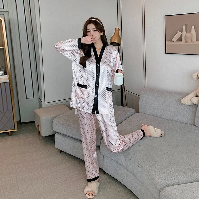 Women's Long Sleeve Silk Pajama Set Button-Down Sleepwear Print Loungewear Plus