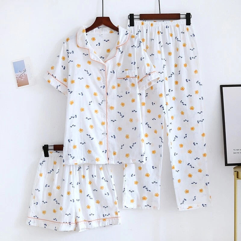 3PCS Women Pajamas Set 100% Gauze Cotton Printed Pyjamas Short Sleeve Sleepwear