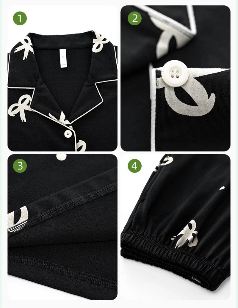 Women's Pajamas Set Long Sleeve Cardigan Bow Print Comfortable Antibacterial Homewear-