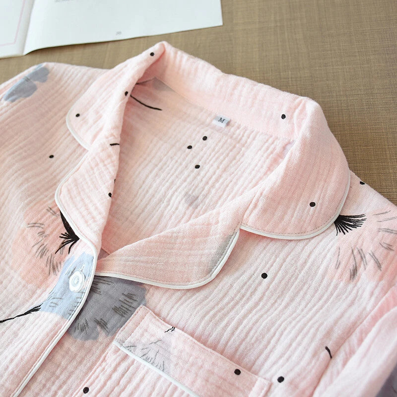 Japanese Women 100% Gauze Cotton Pajamas Set Long Sleeve Sleepwear Nightwear New