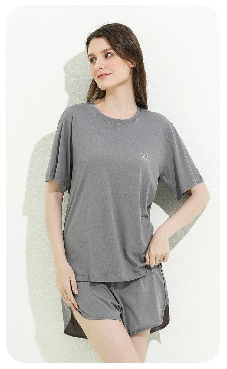 Summer Women's Cotton Short Sleeve Lounge Loose Seat Antibacterial Pajamas Set-