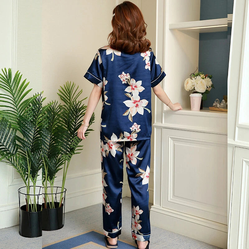 Women's Satin Pyjamas Set Short Sleeve Button-Down Sleepwear Silk PJS Loungewear