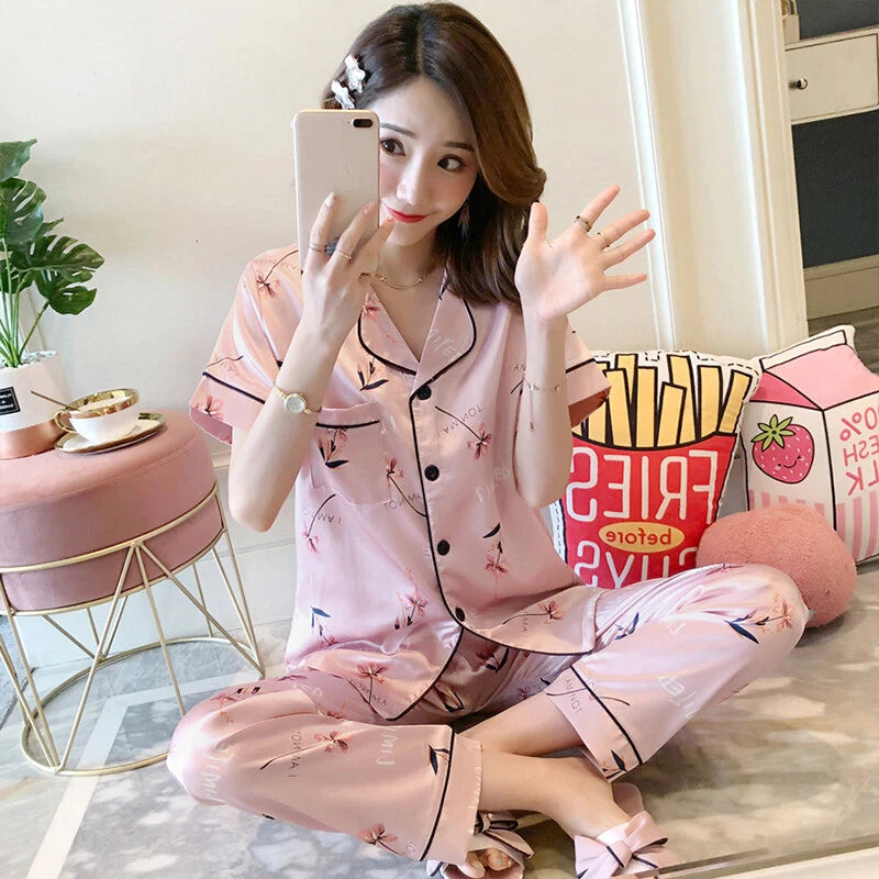 Women's Satin Pyjamas Set Short Sleeve Button-Down Sleepwear Silk PJS Loungewear