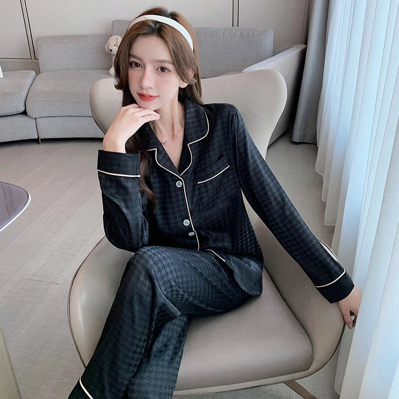 Women's Long Sleeve Silk Pajama Set Button-Down Sleepwear Print Loungewear Plus