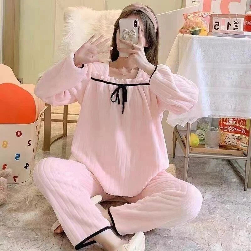 2022 women's autumn and winter pajamas set thick cute pajamas flannel pajamas