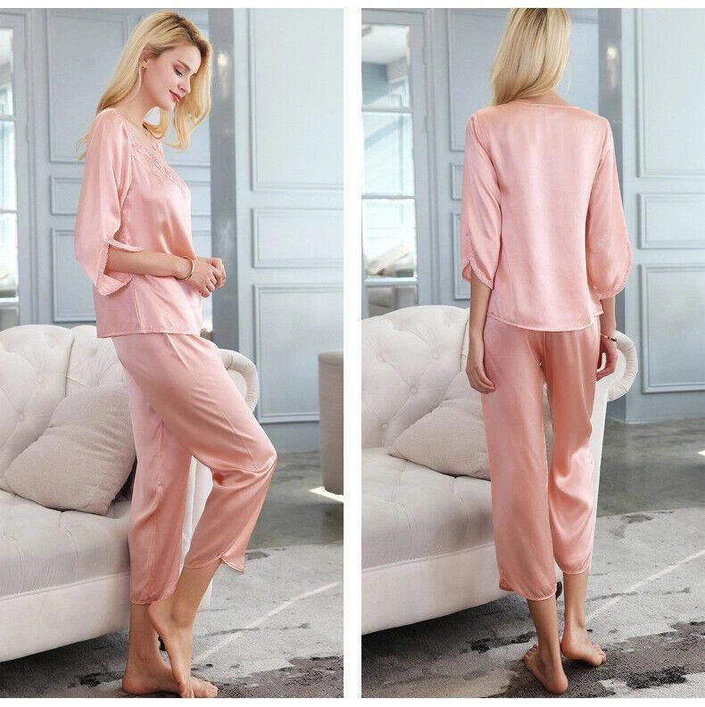 New Women Silk Pajamas Set,2 pieces,100% Mulberry Silk Sleepwear Nightwear U7135