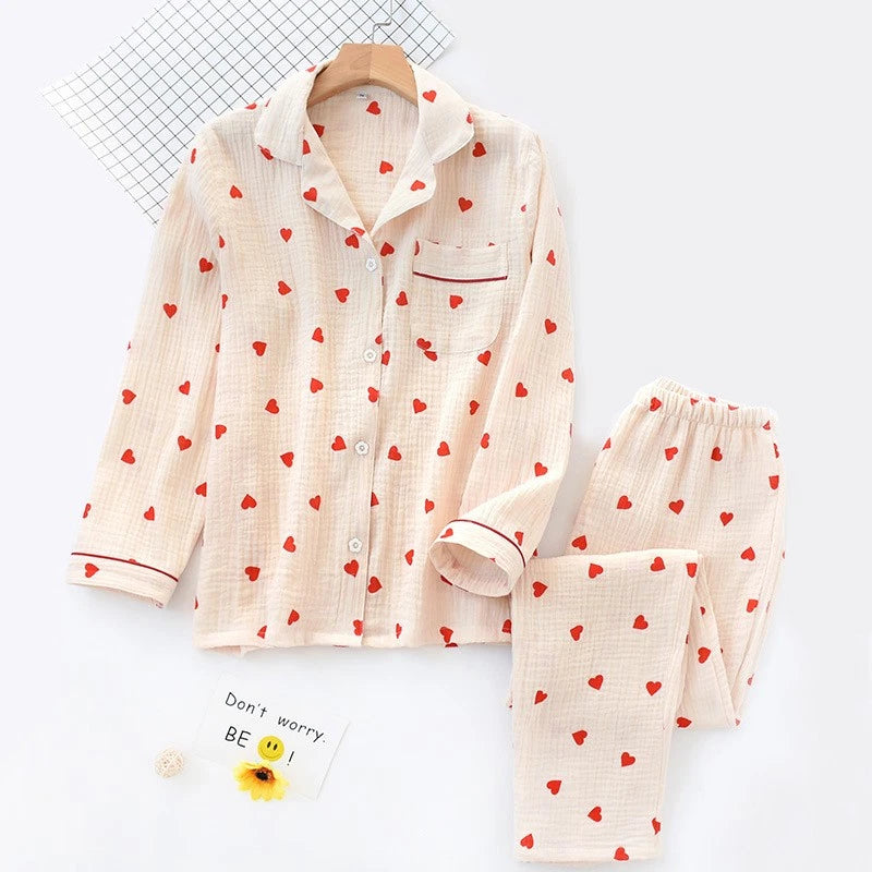 Japanese Women 100% Gauze Cotton Pajamas Set Long Sleeve Sleepwear Nightwear New