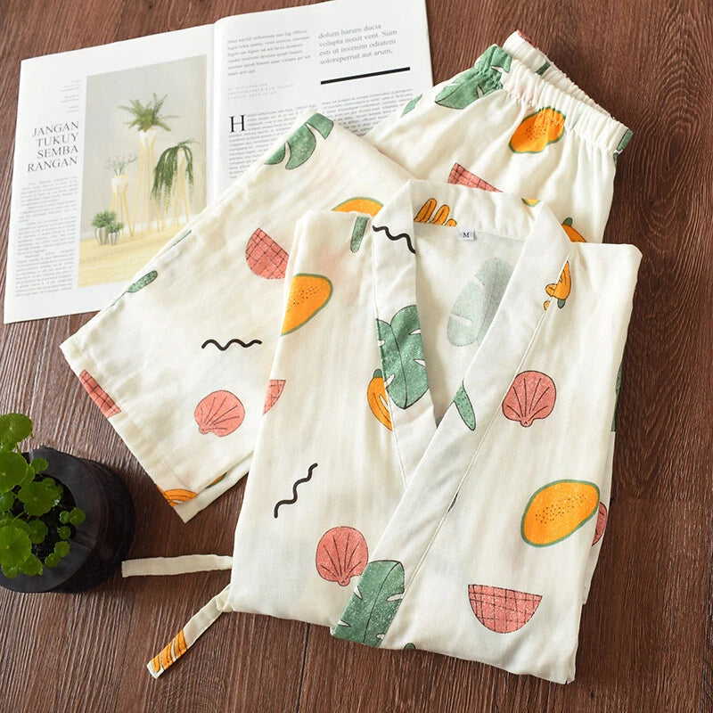 Japanese Harajuku 100% Gauze Cotton Kimono Pajamas Top+Pants Women Nightgown Set