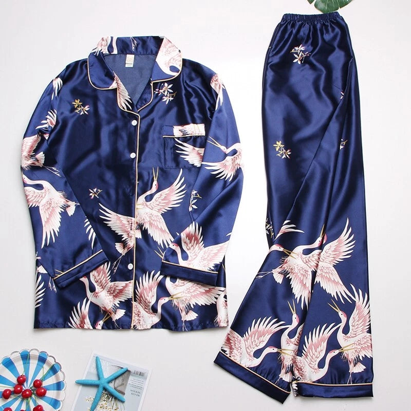 Women's Long Sleeve Silk Pajama Set Button-Down Sleepwear Print Loungewear Plus