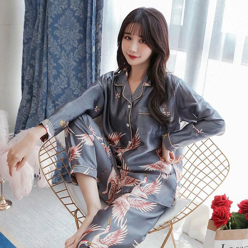 Women's Long Sleeve Silk Pajama Set Button-Down Sleepwear Print Loungewear Plus