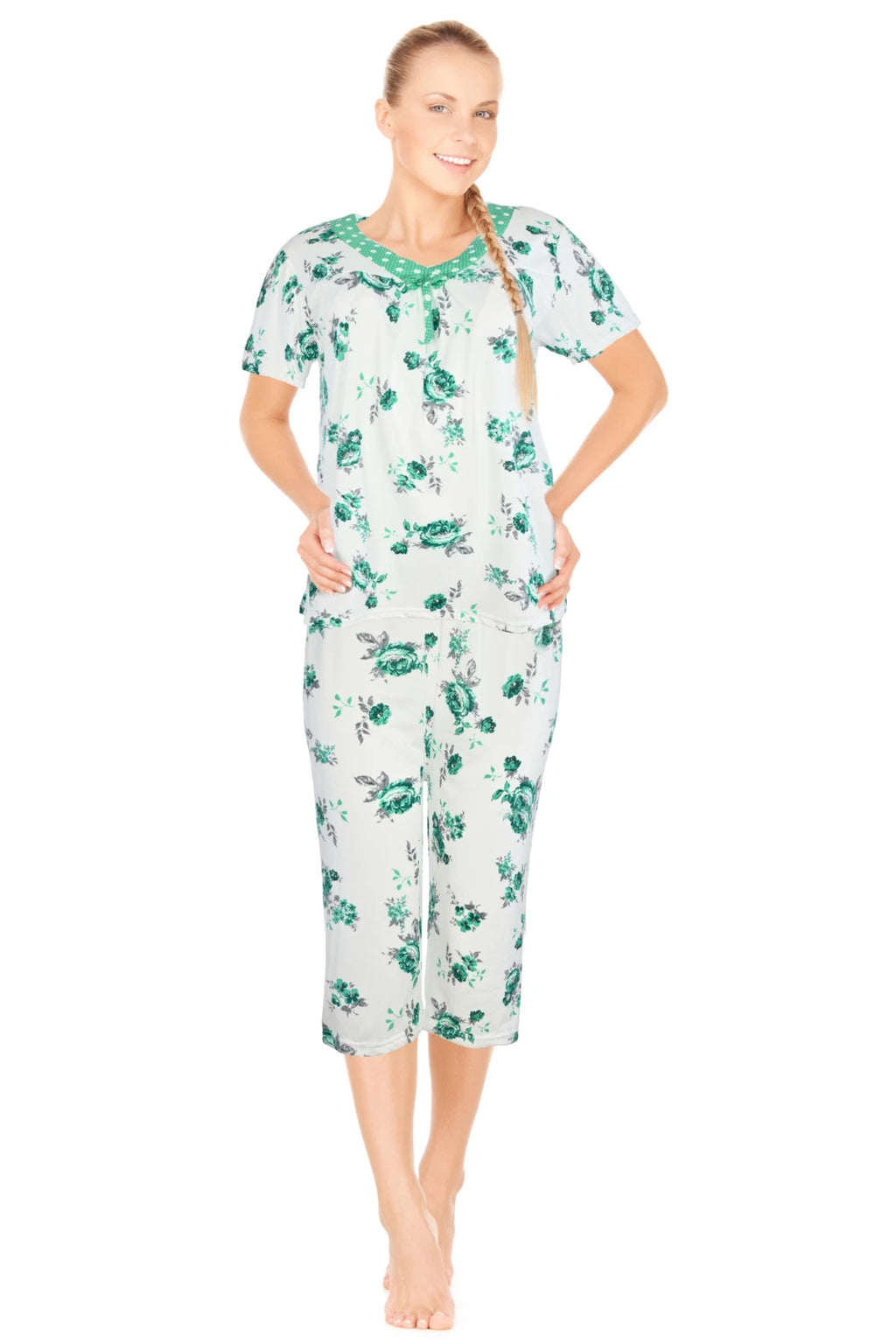 JEFFRICO Womens Capri Pajama Set 2 Piece Short Sleeve Top & Capri Pants  801C