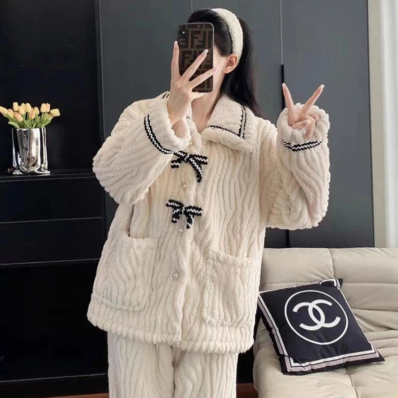 2Pcs/set Women's Pajamas Autumn Winter Students Home Wear Padded and Thickened