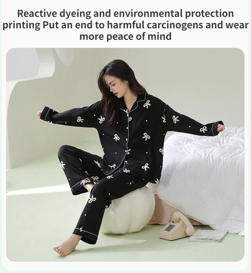 Women's Pajamas Set Long Sleeve Cardigan Bow Print Comfortable Antibacterial Homewear-