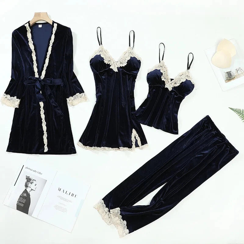 Velour Home Clothing 4pcs Sleep Set Intimate Lingerie Women Pajamas Long Sleeve