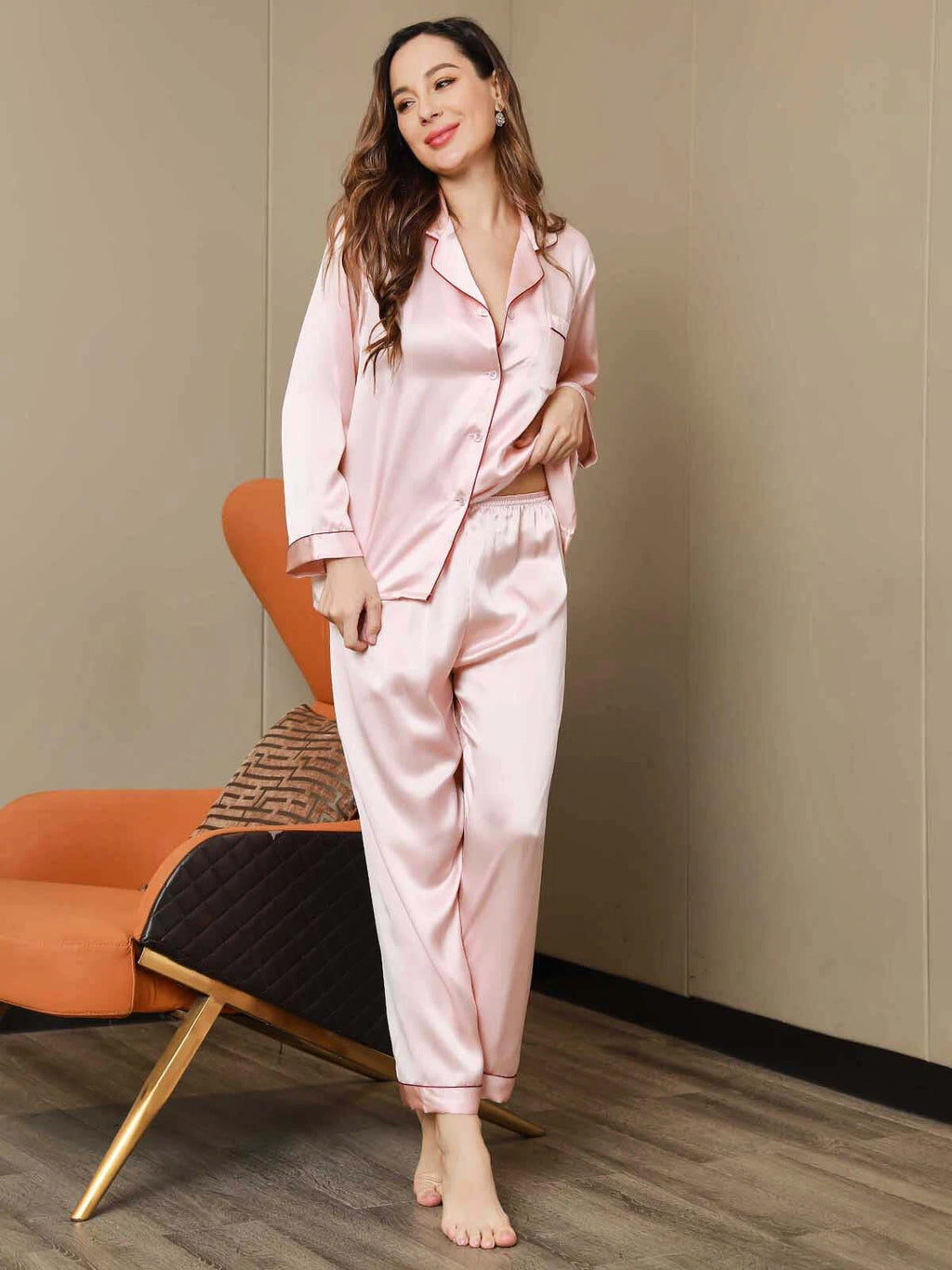 Women's 19mm Pure Mulberry Silk Pajamas Set Silk Sleepwear Nightwear Home Wear