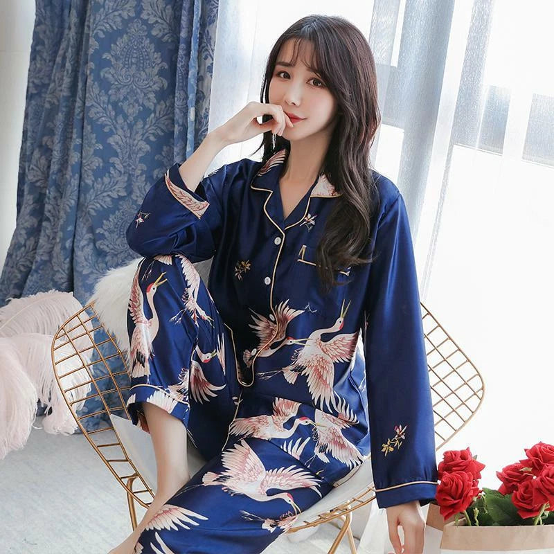 Women's Long Sleeve Silk Pajama Set Button-Down Sleepwear Print Loungewear Plus