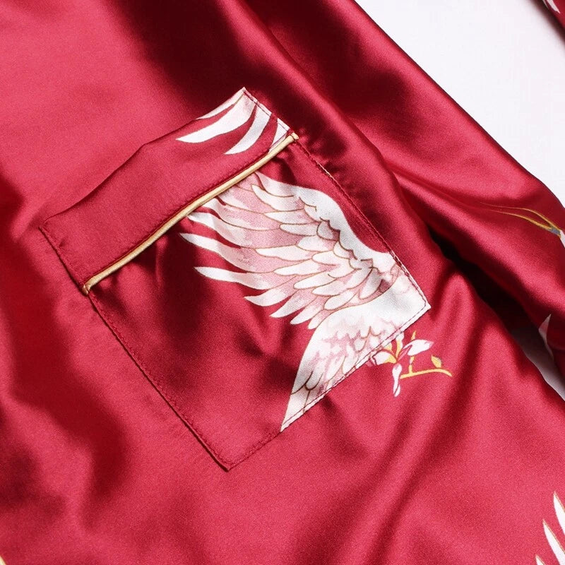 Women's Long Sleeve Silk Pajama Set Button-Down Sleepwear Print Loungewear Plus