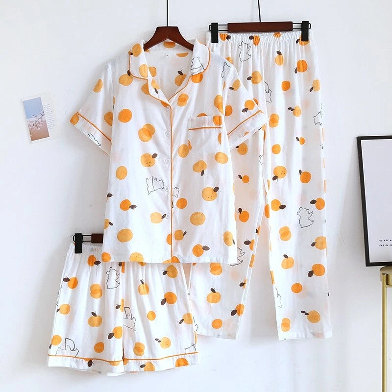 3PCS Women Pajamas Set 100% Gauze Cotton Printed Pyjamas Short Sleeve Sleepwear