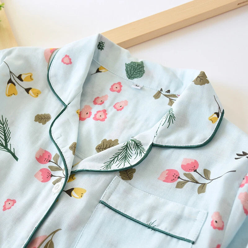 Women Pajamas Set 100% Cotton Printed Sleepwear Casual Nightwear Gauze Home Wear