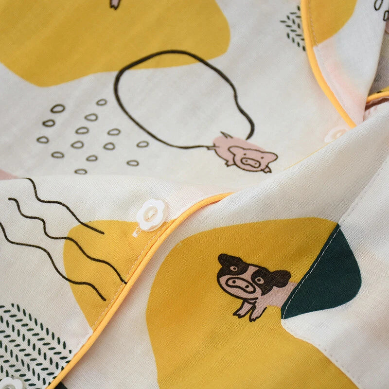 Women Pajamas Set 100% Cotton Printed Sleepwear Casual Nightwear Gauze Home Wear