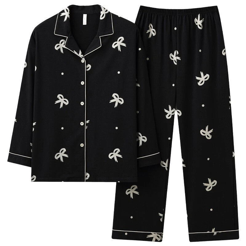Women's Pajamas Set Long Sleeve Cardigan Bow Print Comfortable Antibacterial Homewear-