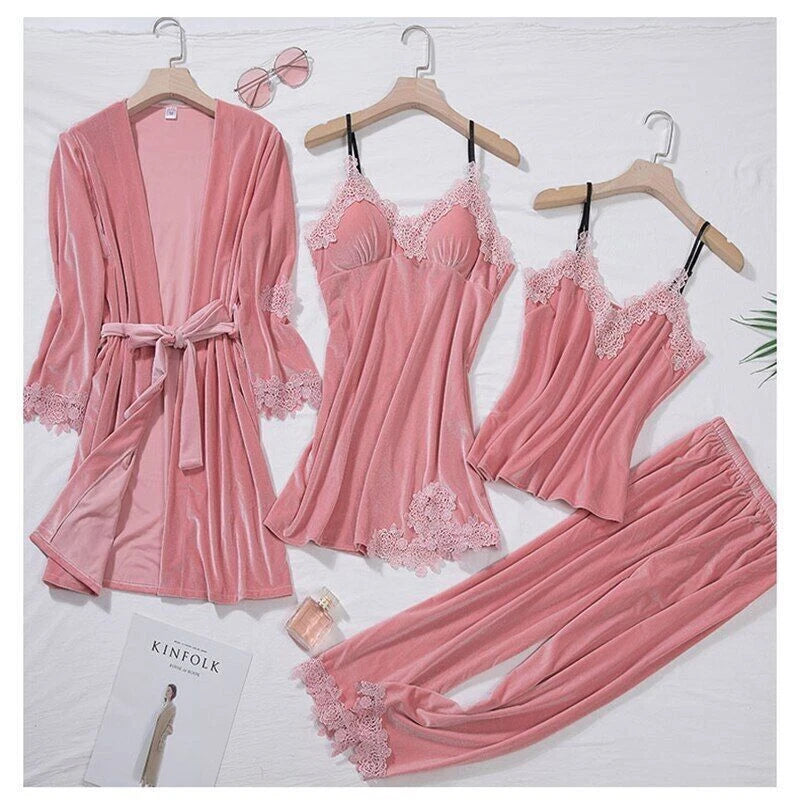 Pajama Suit Women 4PCS Robe Set Sleepwear Lady Lace Folwer Bathrobe Gown