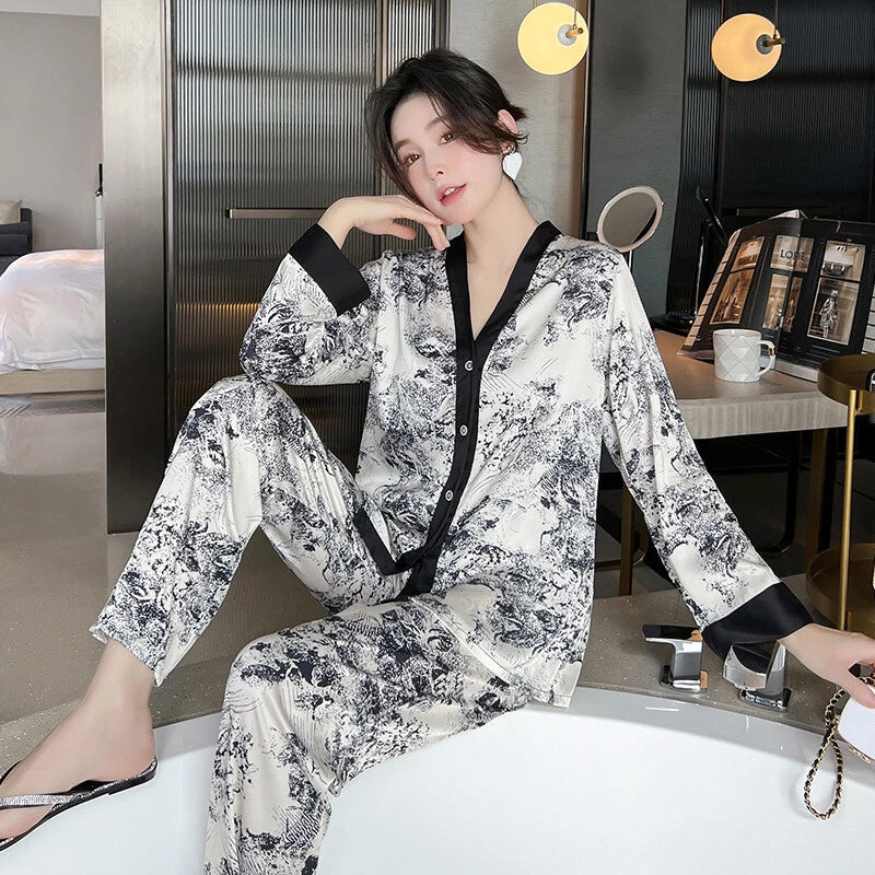 Women's Pajamas Set Luxury Print Silk Sleepwear V Neck Design Homewear Nightwear