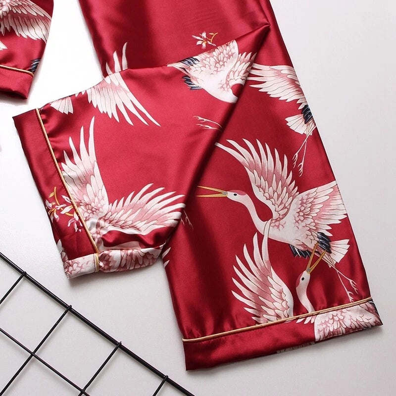 Women's Long Sleeve Silk Pajama Set Button-Down Sleepwear Print Loungewear Plus