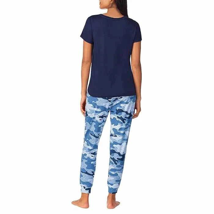 Jane and Bleecker 2 Piece Lounge Set Jogger Navy Camo Tee Scoop Neck  XS