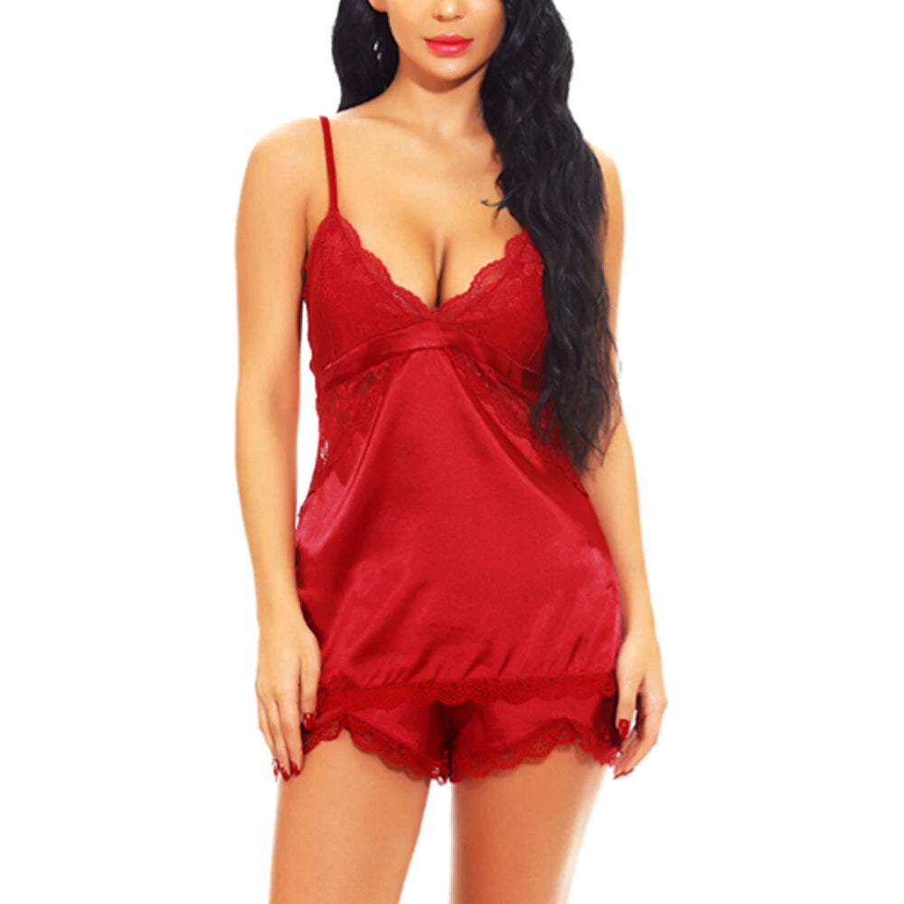 US Women Sexy Lingerie Sleepwear Satin Silk Babydoll Lace Nightwear Pajamas Set