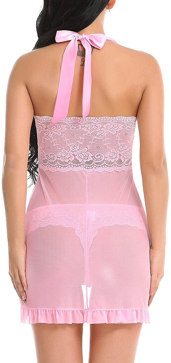 Sexy Women Lingerie Pink Lace Dress G-string Underwear Babydoll Sleepwear Gift