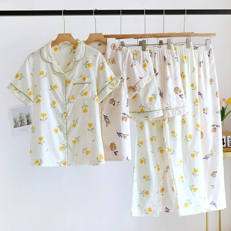 3PCS Women Pajamas Set 100% Gauze Cotton Printed Pyjamas Short Sleeve Sleepwear