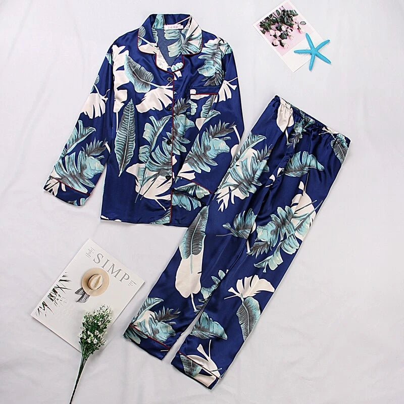 Women's Long Sleeve Silk Pajama Set Button-Down Sleepwear Print Loungewear Plus