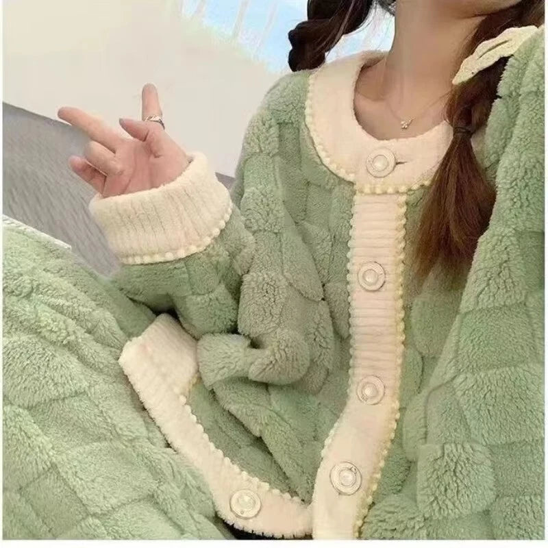 Women Coral Fleece Pajamas Set Lounge Home Suit Warm Sleepwear Homewear Set