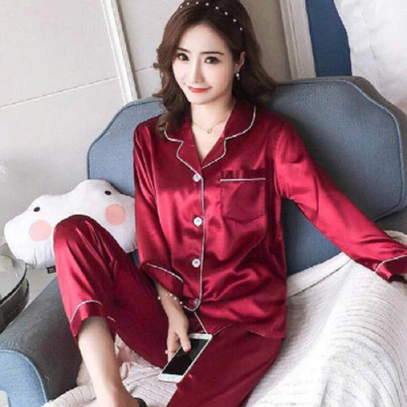 Women's Silk Satin Pajamas Set Long Sleeve Button-Down Sleepwear Loungewear