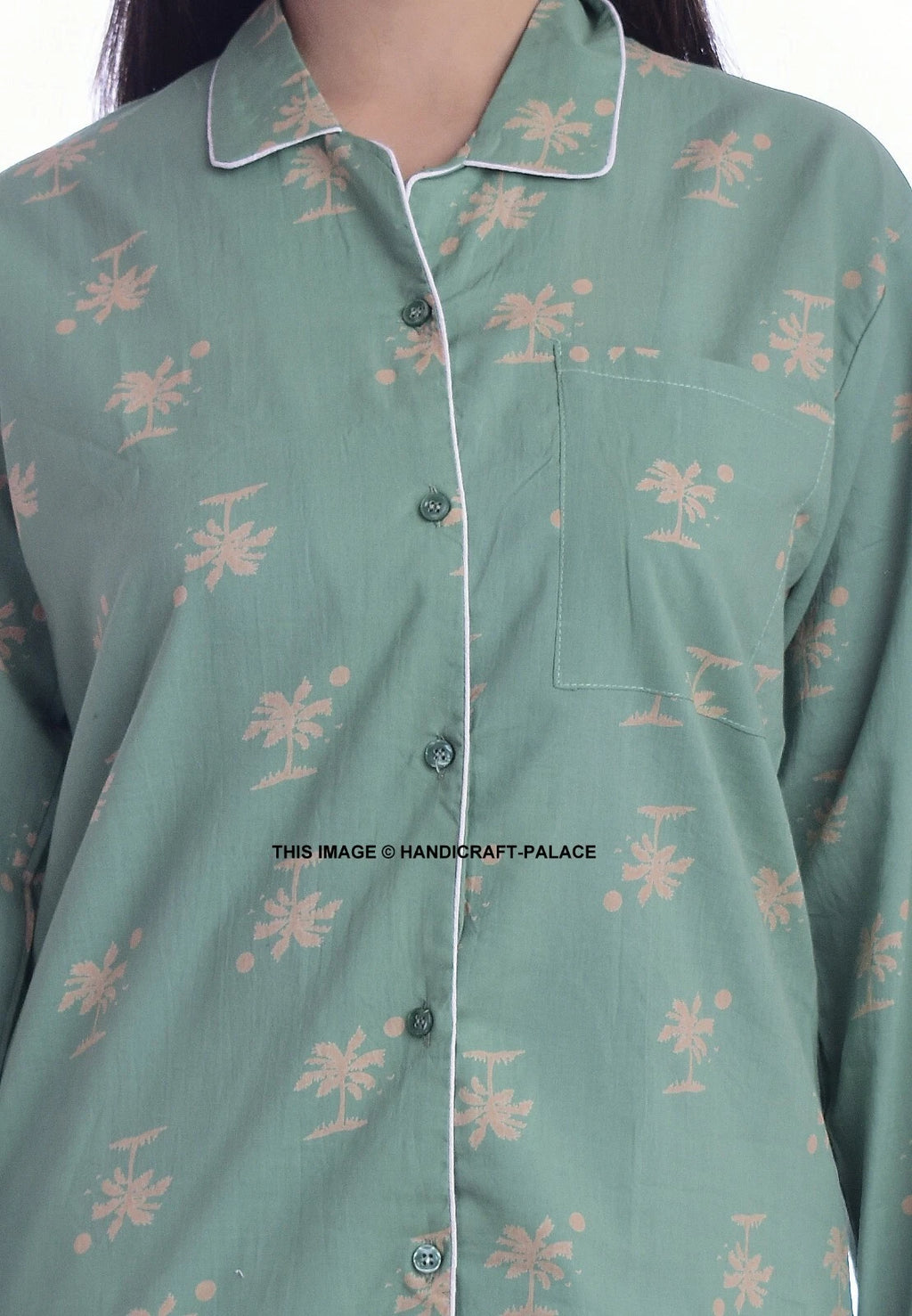 Women 100% Cotton Pajamas Set Nightclothes Homewear Sleep Palm Tree Print Indian