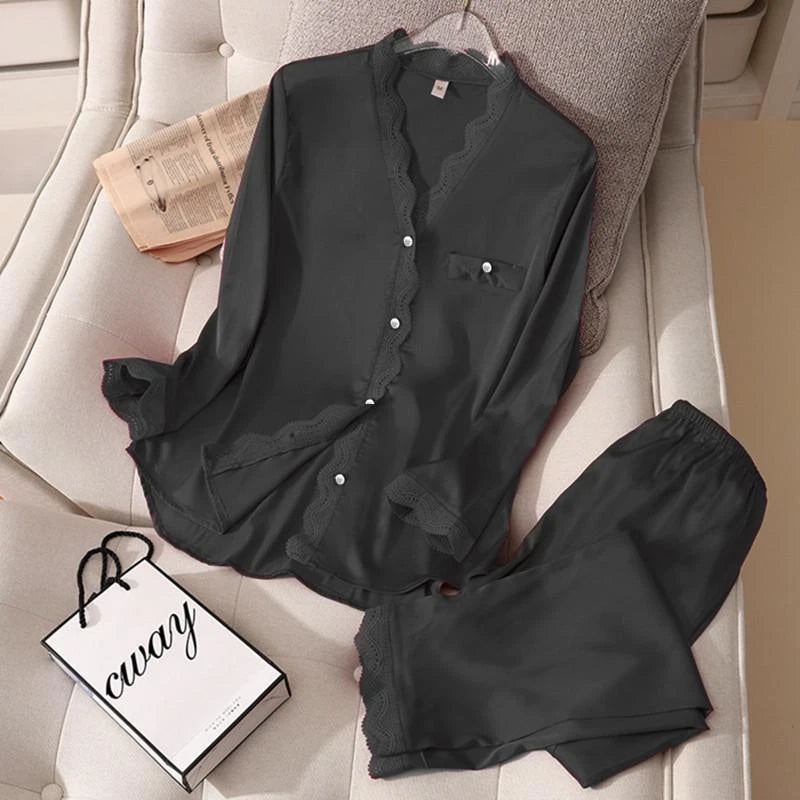 Pajamas Set Satin Women 2 Piece Sleepwear Silky Pyjamas Nightwear Shirt&Pants