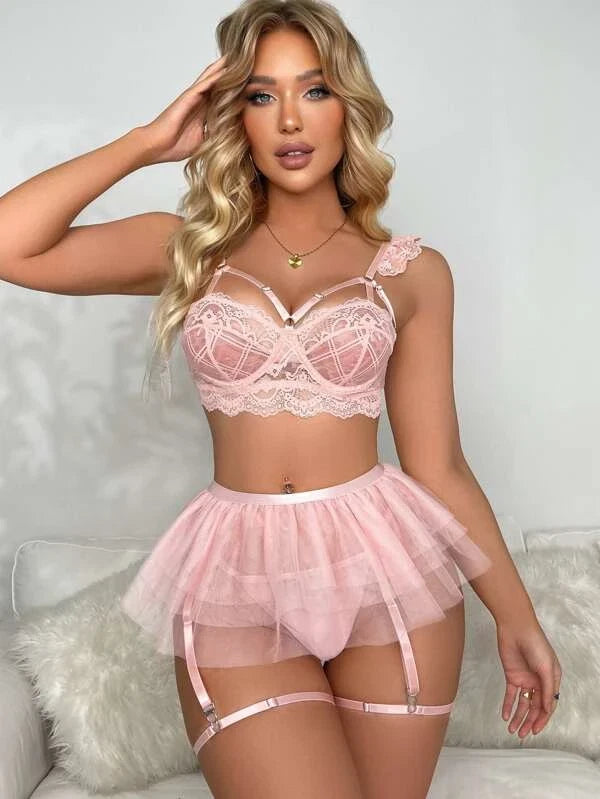 Sexy Women Lingerie Pink Lace Dress G-string Underwear Babydoll Sleepwear Gift