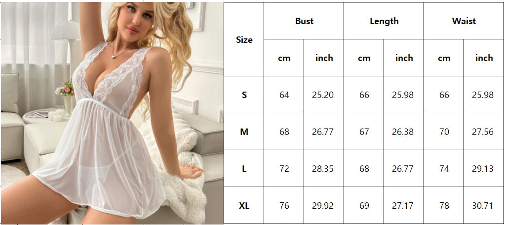 Women Sexy Lingerie Lace Babydoll V Neck Chemise Teddy Strap Sleepwear Panty Set