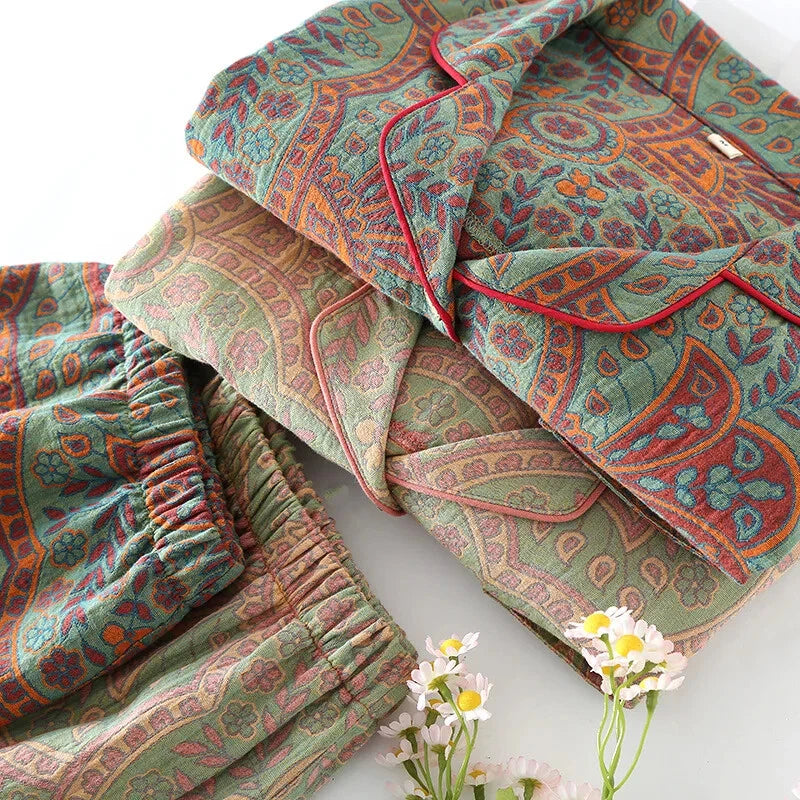 2024 new Ethnic style printed women's pajamas 2-piece set for casual wear