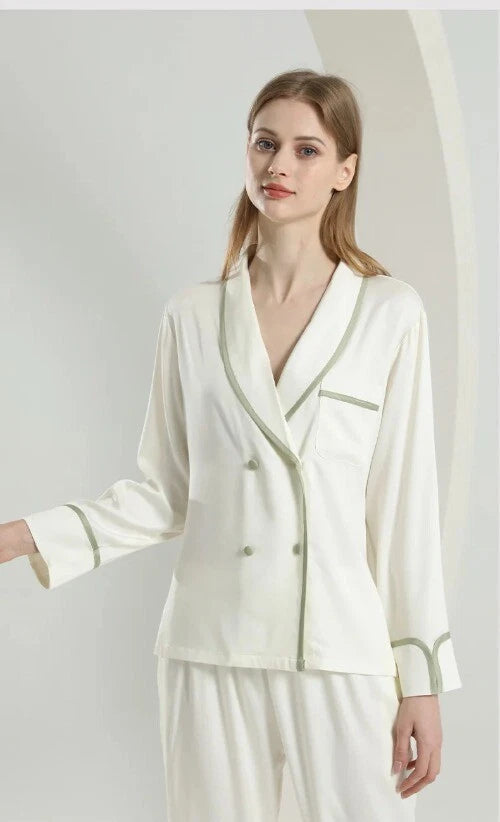 Female 2PCS Pajamas Set Spring Autumn Sleepwear Trouser Suits V-Neck White