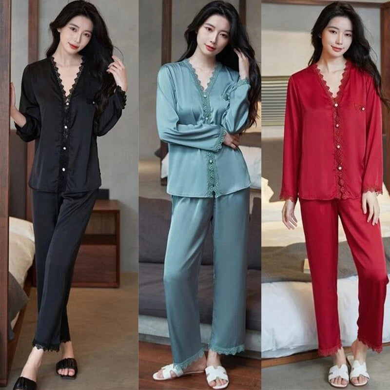Pajamas Set Satin Women 2 Piece Sleepwear Silky Pyjamas Nightwear Shirt&Pants