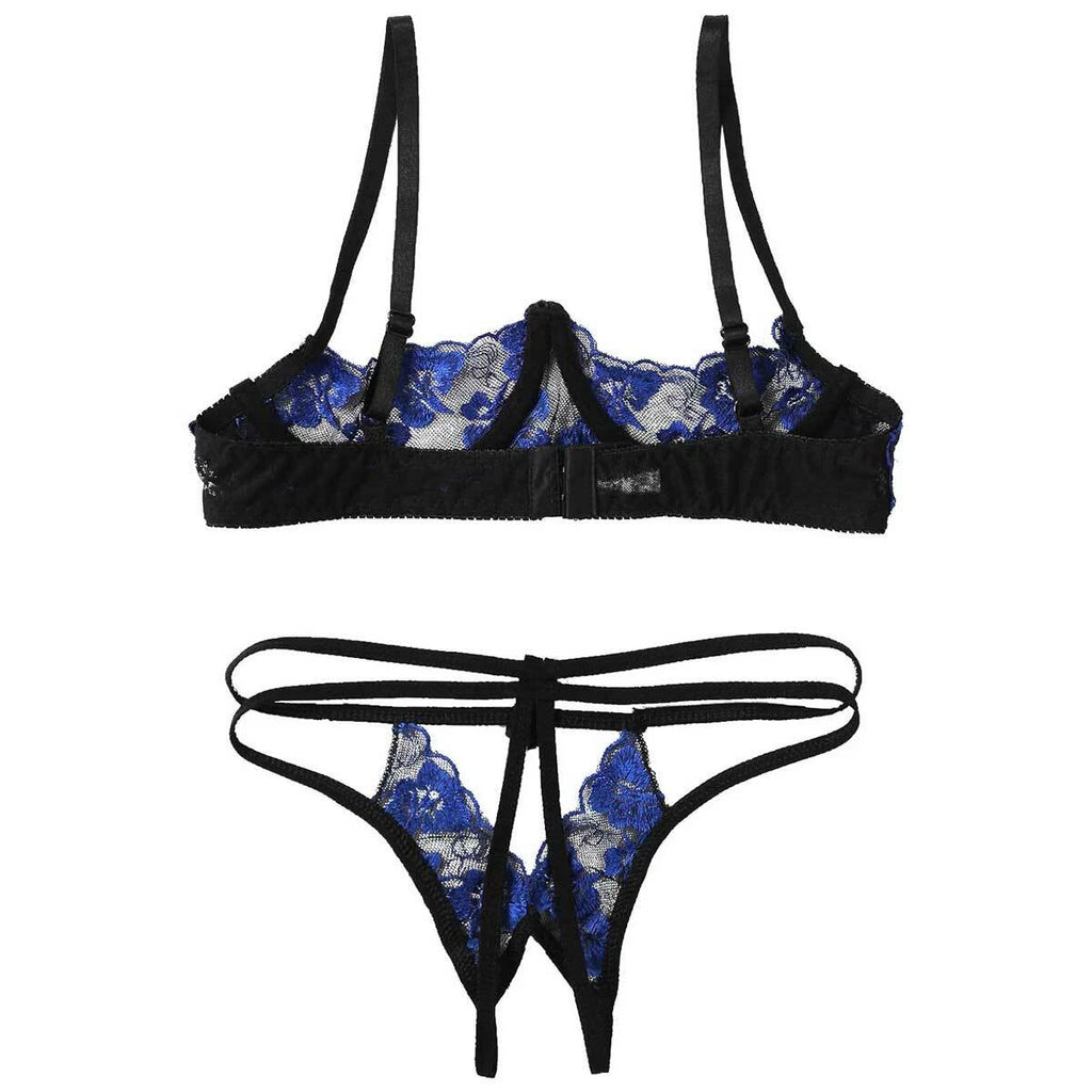 Women's Floral Lace Lingerie Bra Set Crotchless Thong G-string Cupless Bralette